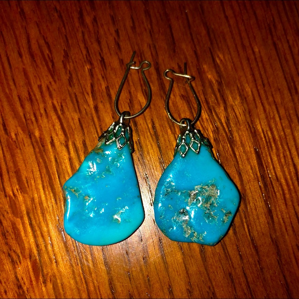 Genuine Natural Cut Turquoise Dangle Earrings